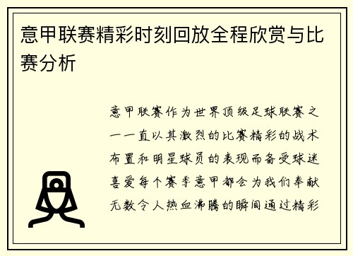 意甲联赛精彩时刻回放全程欣赏与比赛分析
