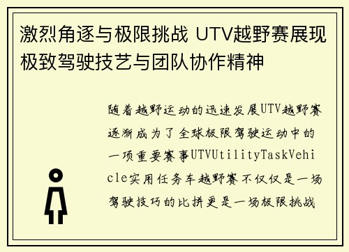 激烈角逐与极限挑战 UTV越野赛展现极致驾驶技艺与团队协作精神