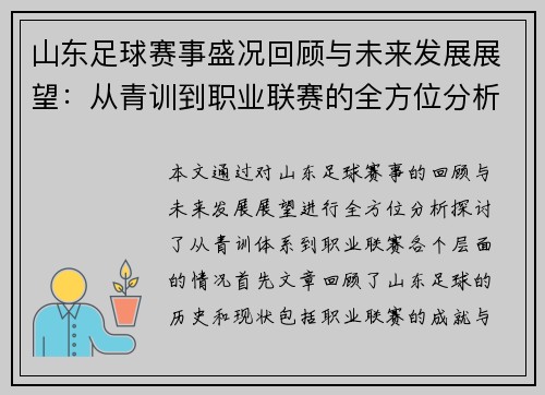 山东足球赛事盛况回顾与未来发展展望：从青训到职业联赛的全方位分析